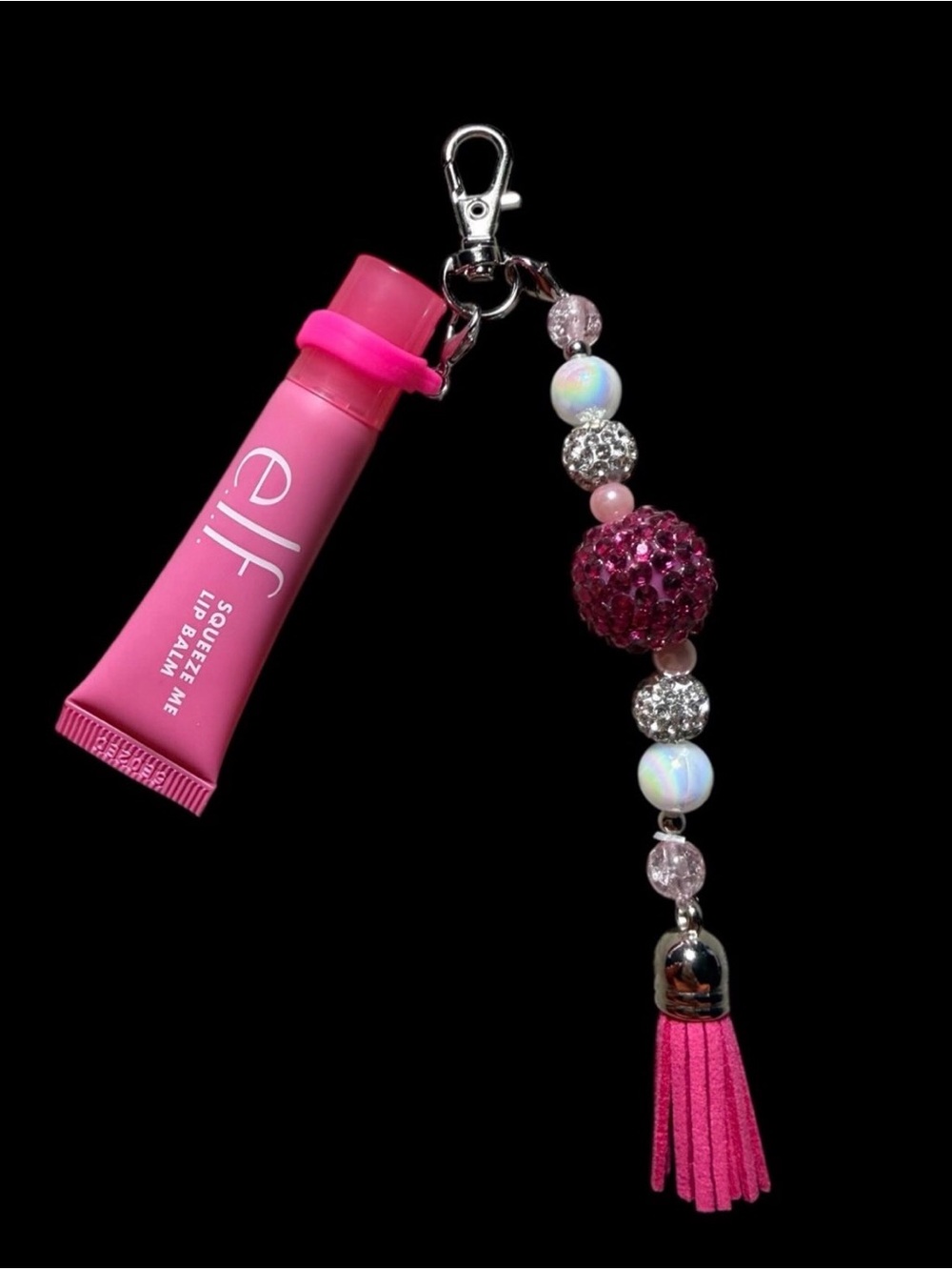 ELF Pink Lip Balm Keychain with Beaded Tassel Charm